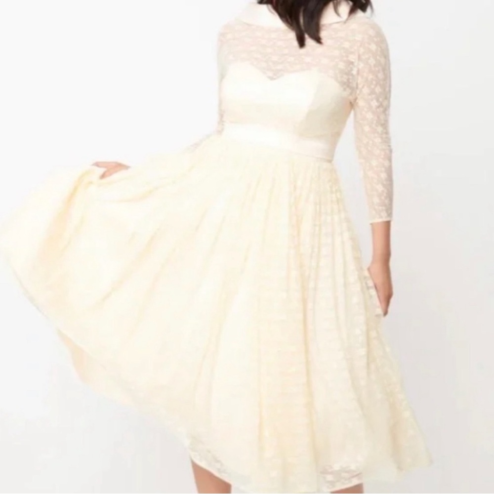 UNIQUE VINTAGE Floral Lace Lille Prom Wedding Formal Romantic Midi Dress•size 4